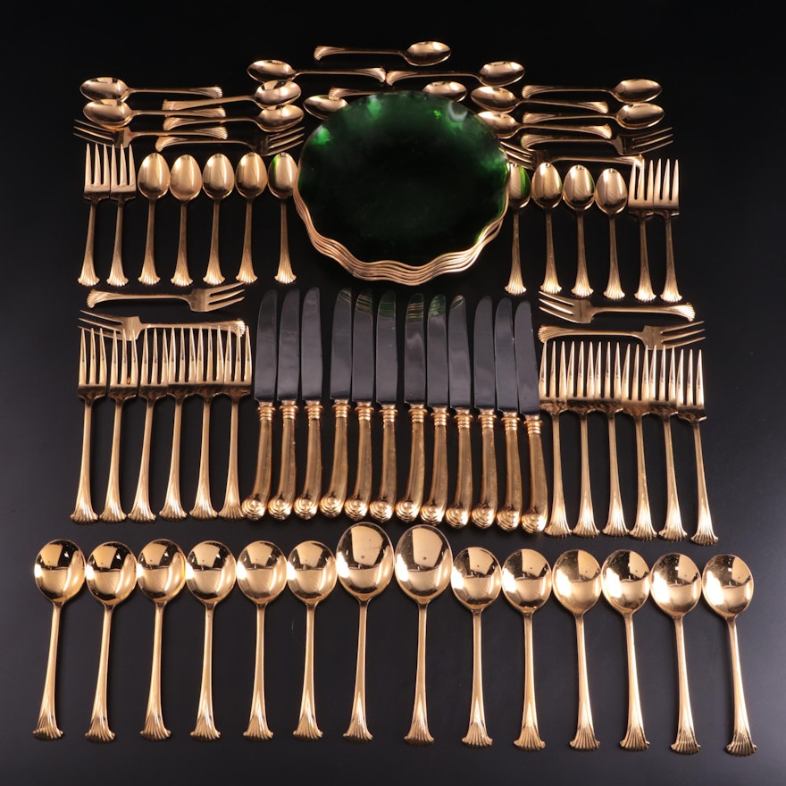 Gold Electroplate Flatware and Green Glass Plates, Late 20th Century