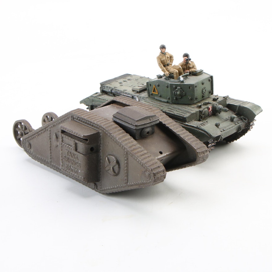 Ferrosteel "Tank Savings" Cast Iron Bank and Frontline Figures Cromwell Tank