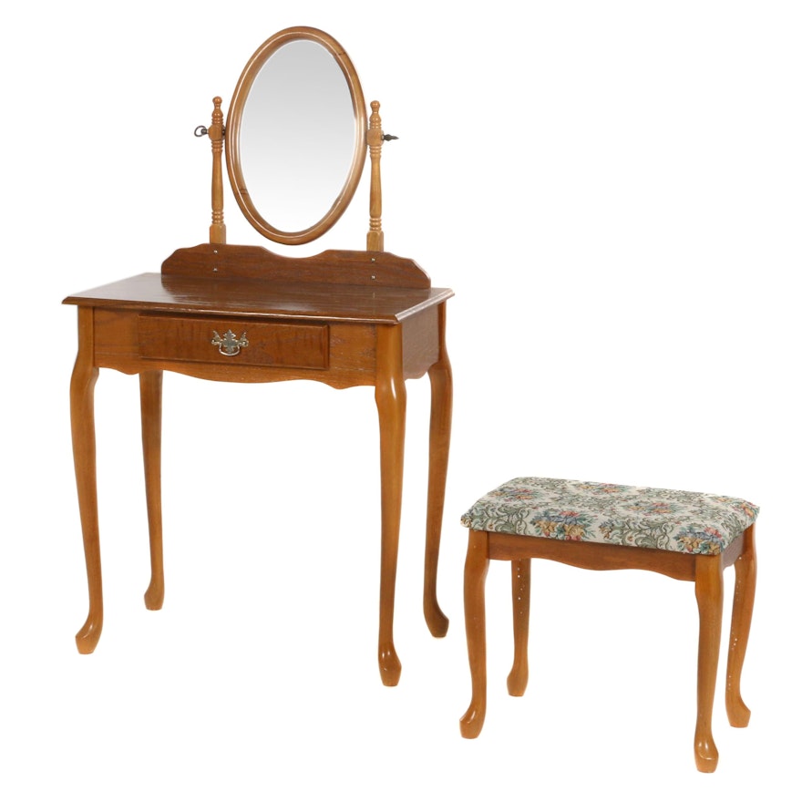 Queen Anne Style Oak Vanity Table and Bench, Late 20th Century