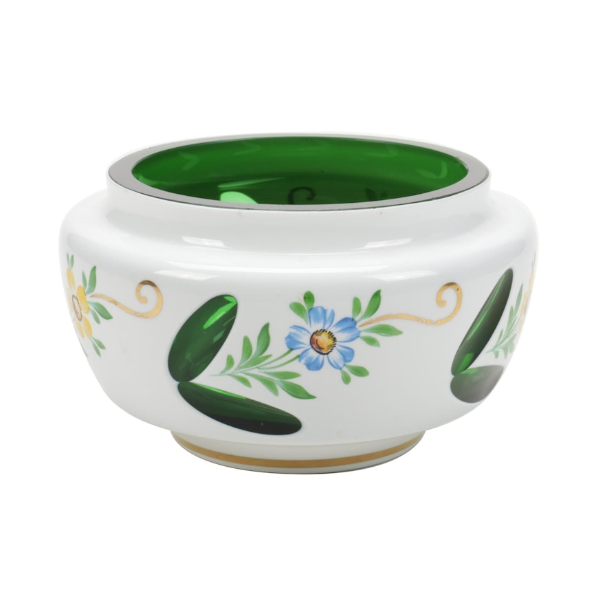 Bohemian Style White Cased Glass Cut to Green Vanity Jar