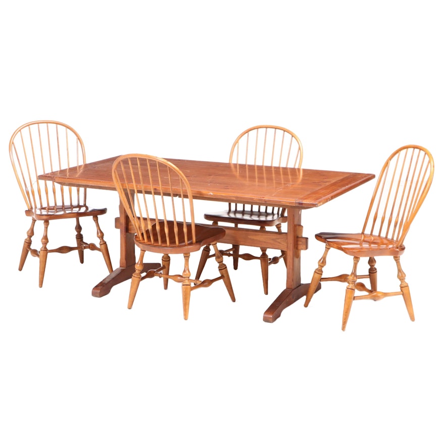 Ethan Allen Colonial Style Pine and Maple Five-Piece Trestle Table Dining Set