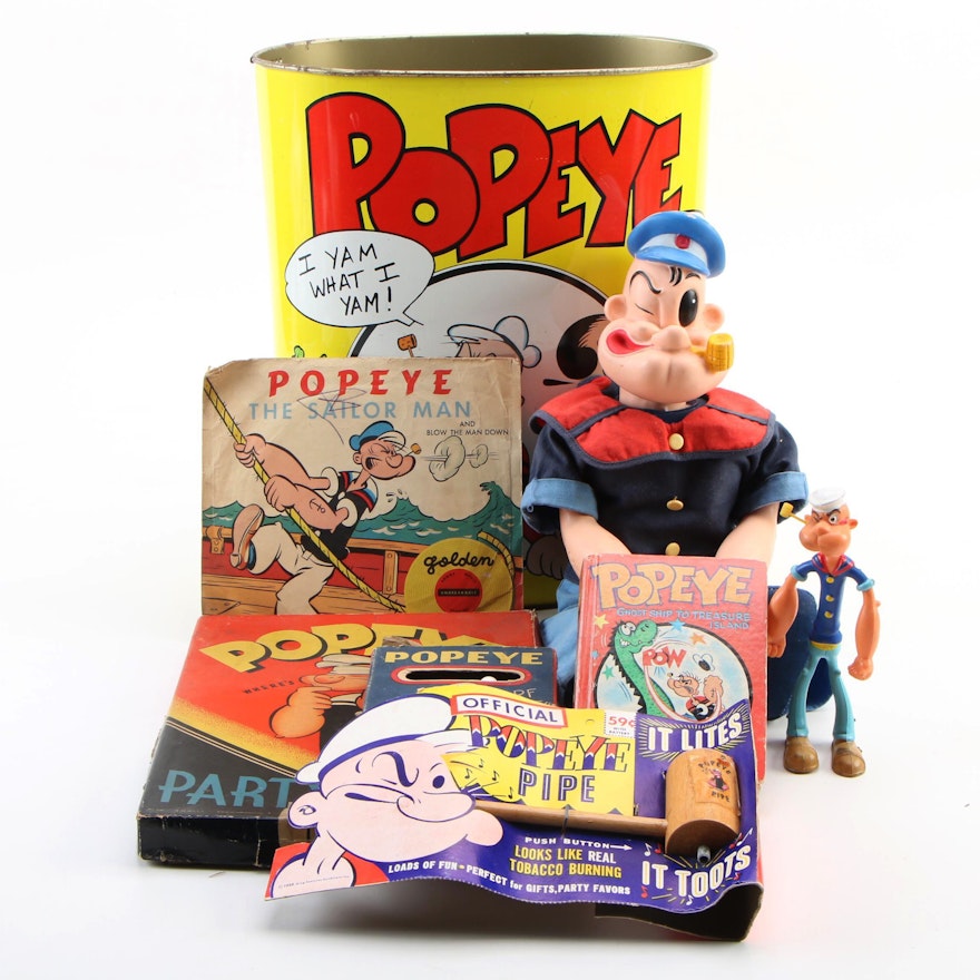 King Features Syndicate "Popeye" Dolls, Games, Waste Can, and Pipe, Mid-20th C.