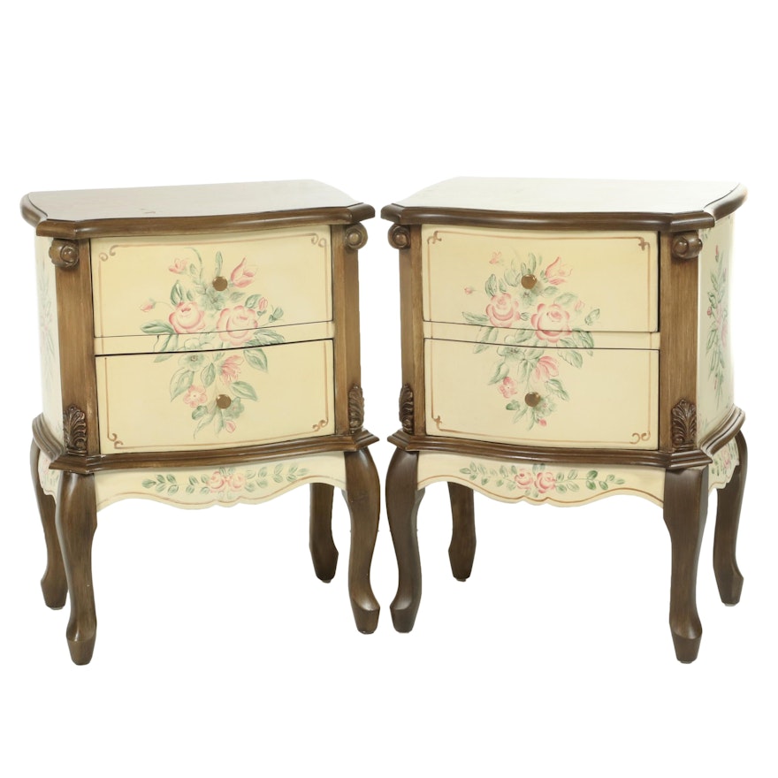 Pair of French Provincial Style Painted and Walnut-Finish Bedside Cabinets