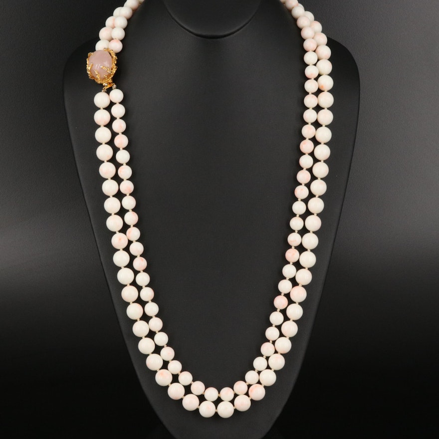 Coral Bead Double Strand Necklace with Rose Quartz Clasp