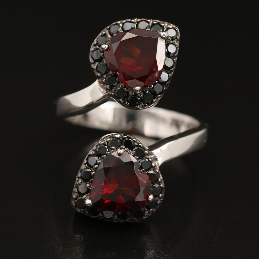 Sterling Silver Garnet and Spinel, Double Heart Bypass Ring