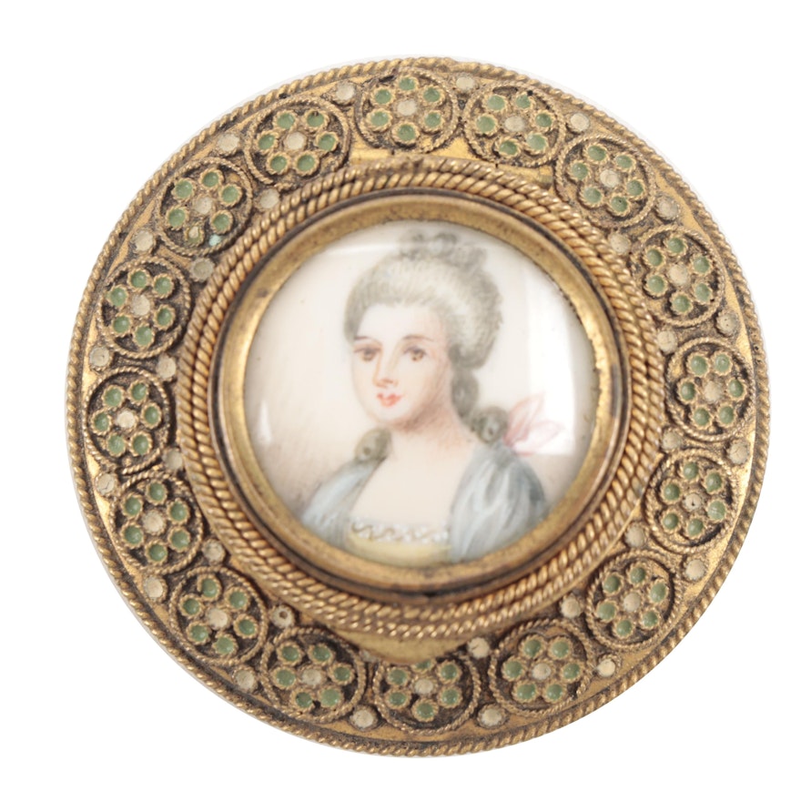 French Cloisonné Enameled Brass Pill Box with 18th Century Portrait