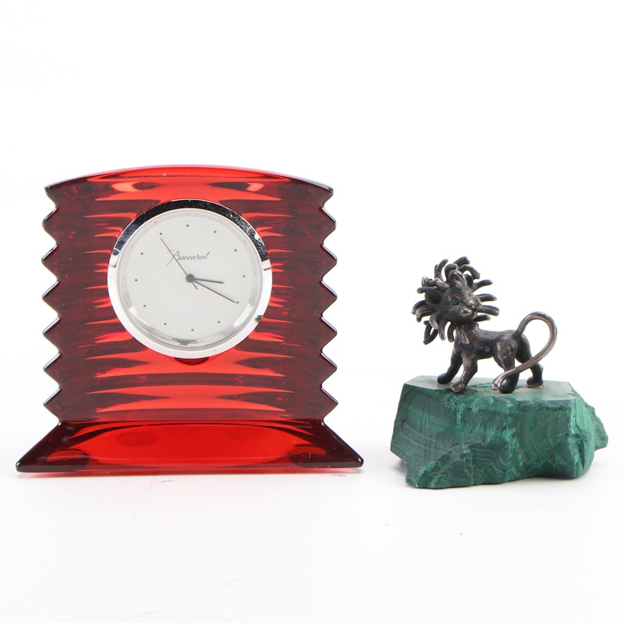 Baccarat "Lalande" Crystal Clock with J. Schwabe Lion Figurine