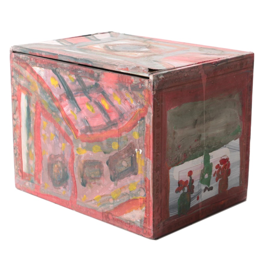 Robert Wright Folk Art Acrylic Painted Cigar Box, Late 20th Century