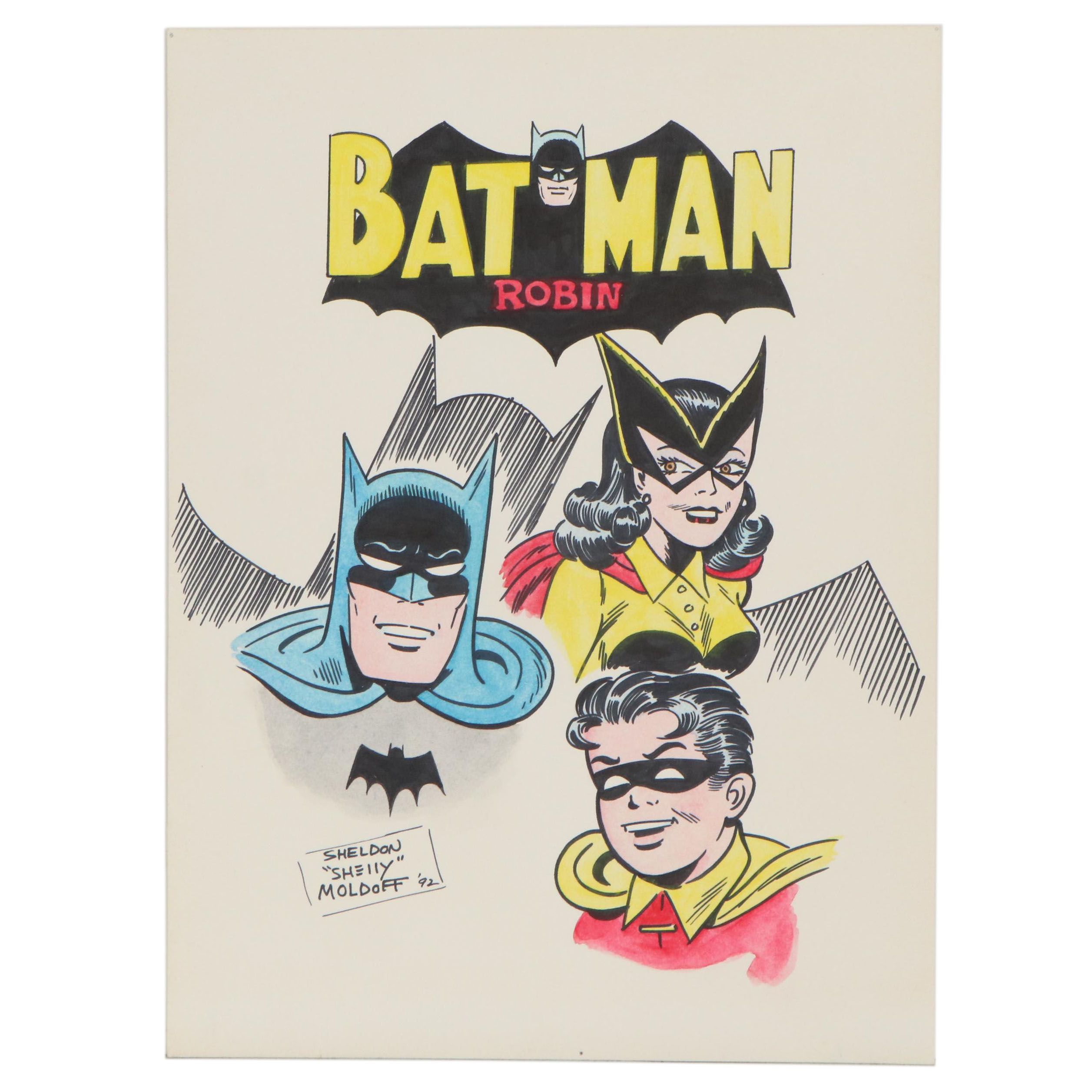 Sheldon Moldoff Batman, Batgirl and Robin Ink Illustration, 1992