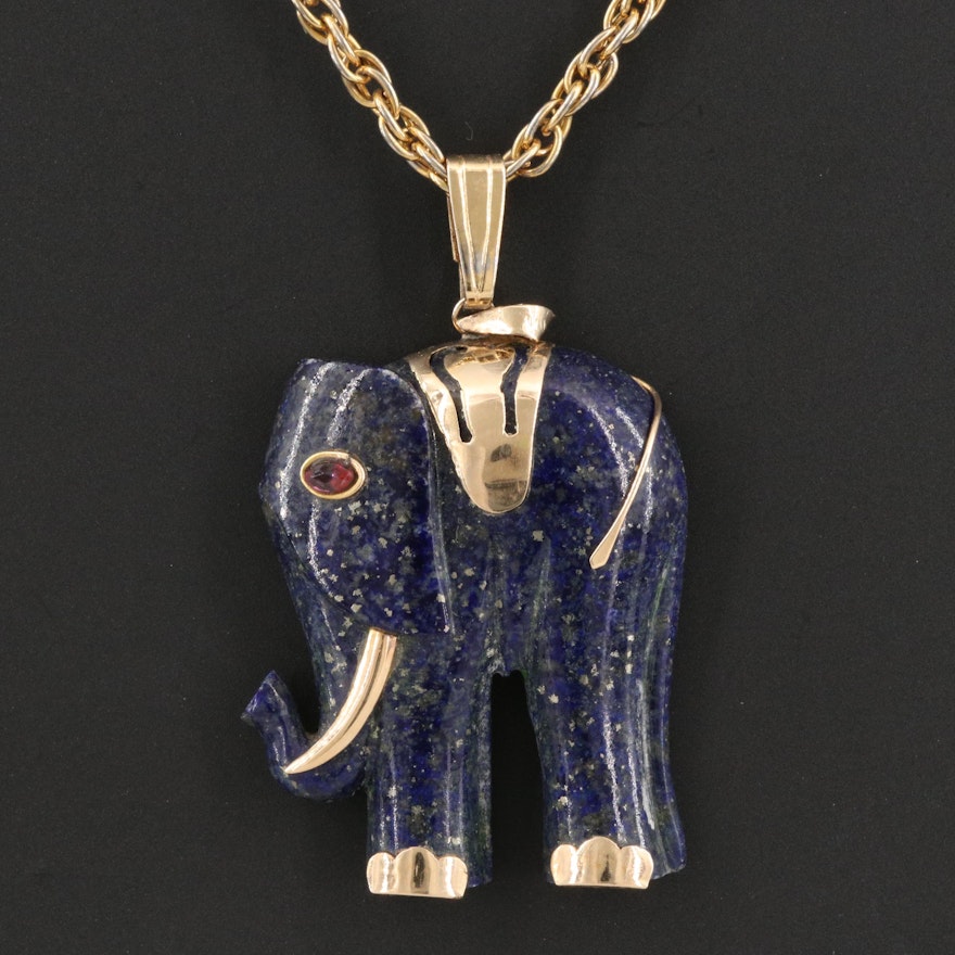 14K Lapis Lazuli and Ruby Elephant Pendant on Singapore Chain Necklace