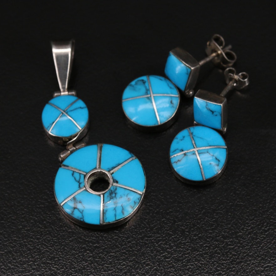 E. Lunas 950 Silver Turquoise Inlay Pendant and Earring Set