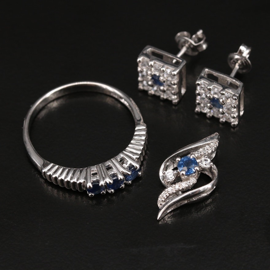 Sterling Sapphire and Zircon Earrings, Ring and Pendant