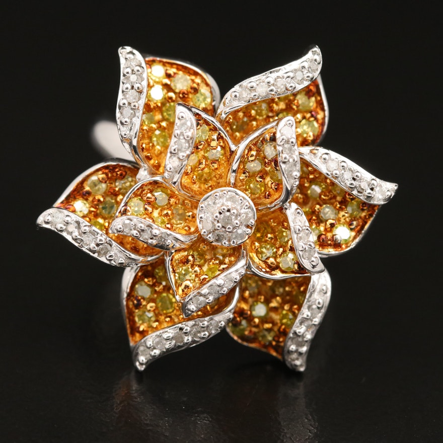 Sterling Silver 1.10 CTW Diamond Flower Ring