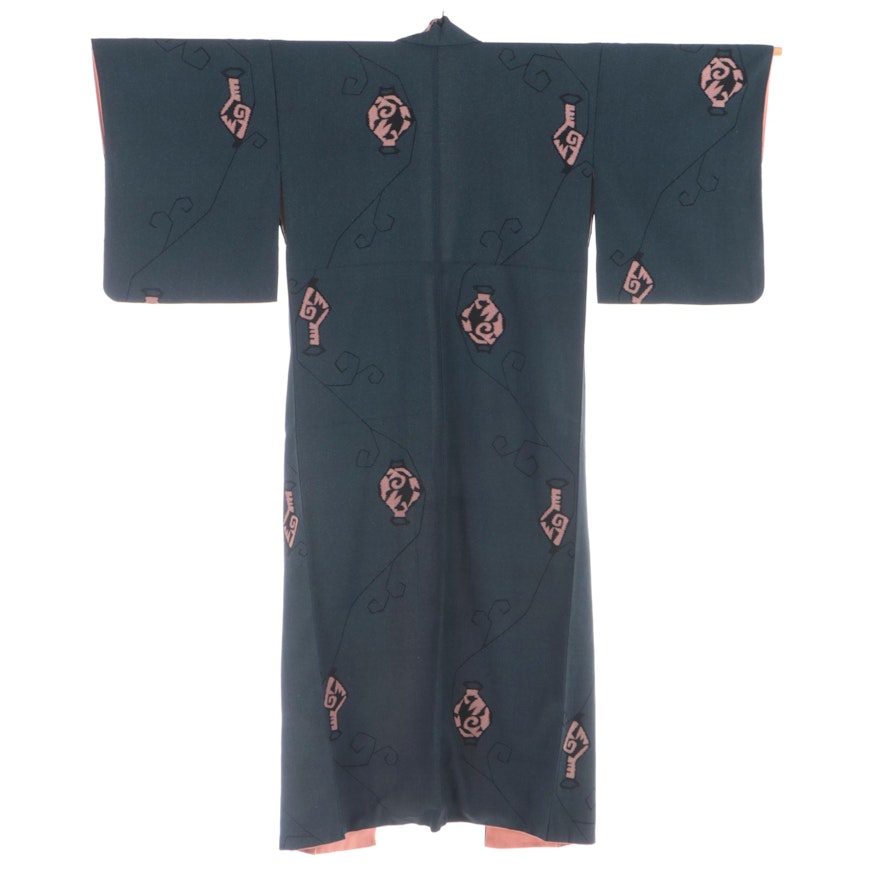 Omeshi Silk Kimono with Mid-Century Style Abstract Pottery Motif, Shōwa Period