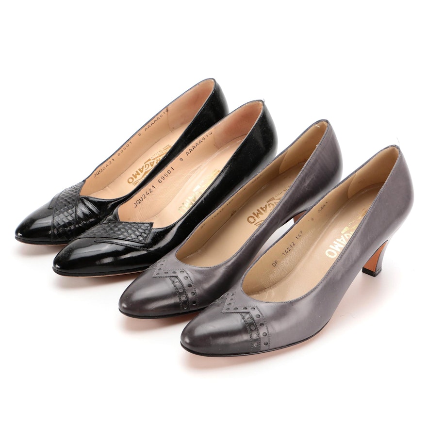 Salvator Ferragamo Two-Tone Grey Leather and Black Python Accent Pumps