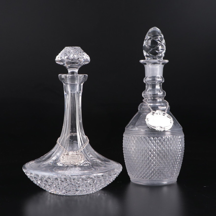 Crystal and Glass Decanters and Stoppers with Pewter and Silver Plate Tags