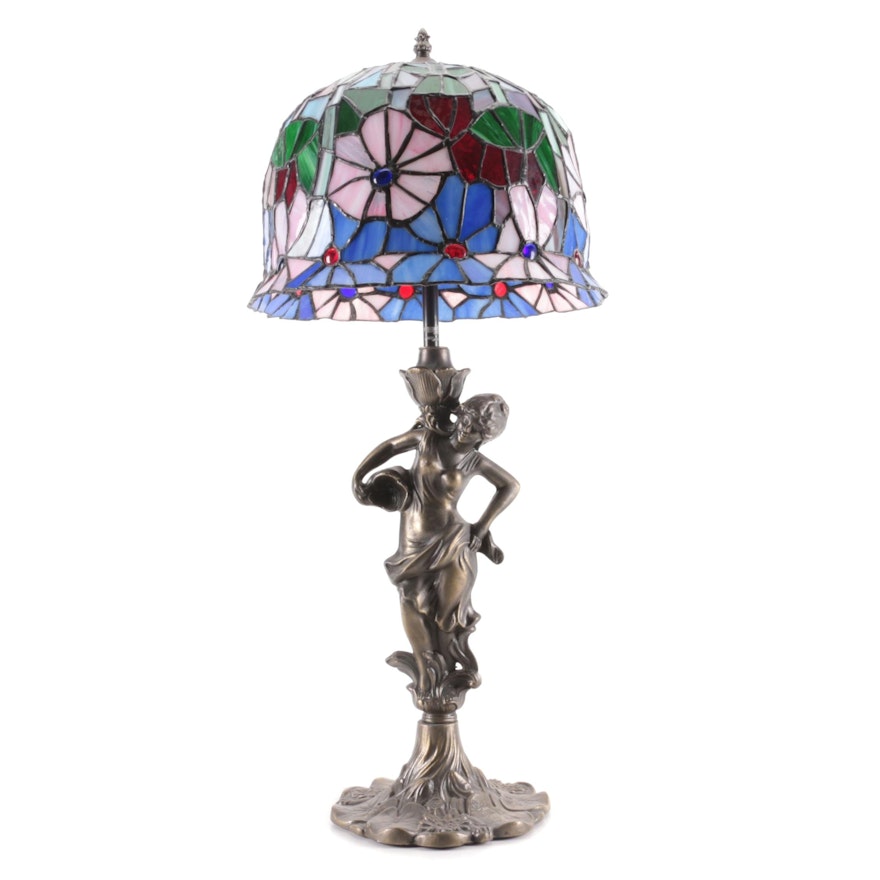 Art Nouveau Cast Metal Table Lamp with Slag Glass Flower Shade