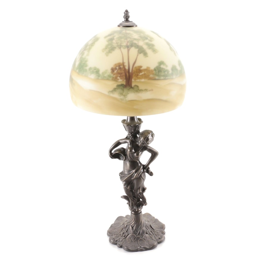 Art Nouveau Cast Metal Table Lamp with Reverse Painted Glass Shade