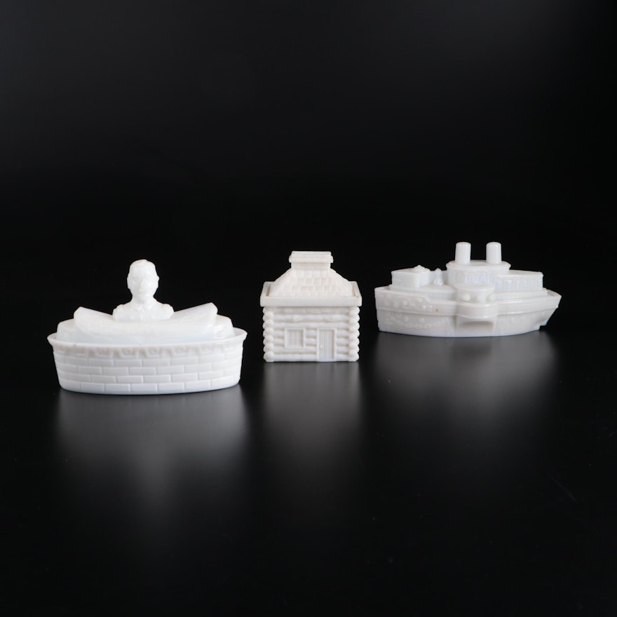 "Admiral Dewey", "Battleship" and "Log Cabin" Milk Glass Covered Candy Dishes