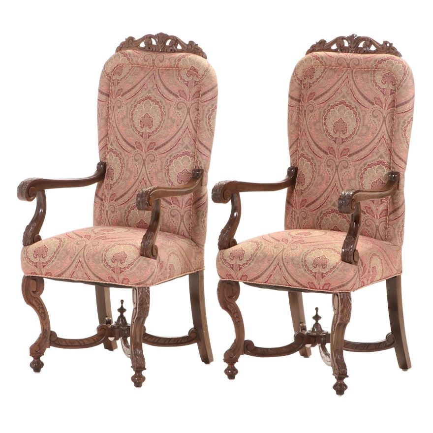 Pair of Baroque Style Carved Walnut Armchairs, 20th Century