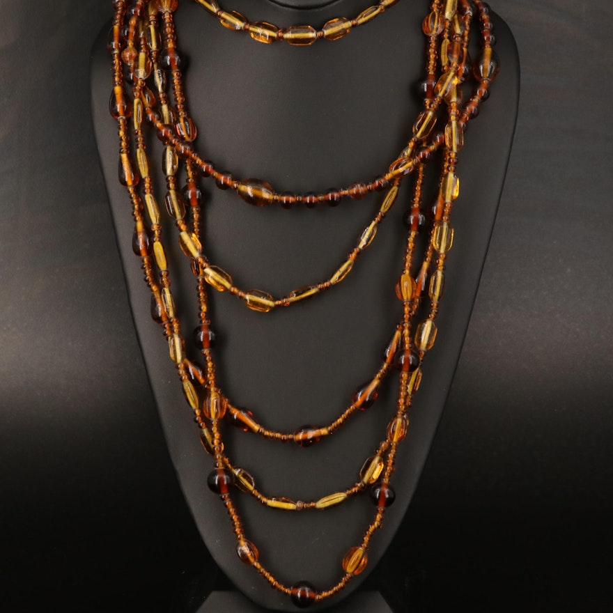 Multi Strand Amber Glass Beaded Necklace
