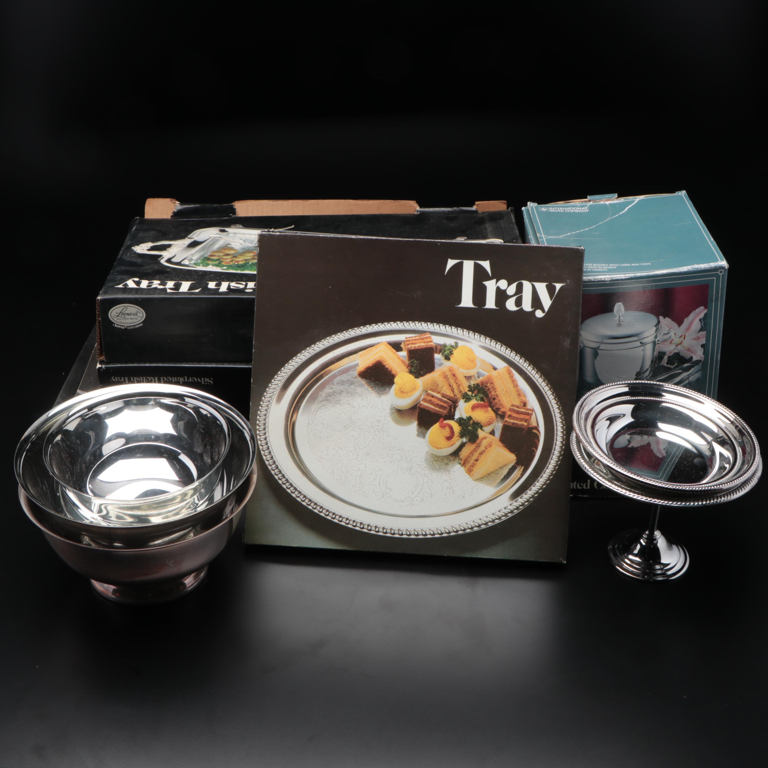 Leonard and International Silver Plate Serving Trays, Cocktail Trays and Bowls