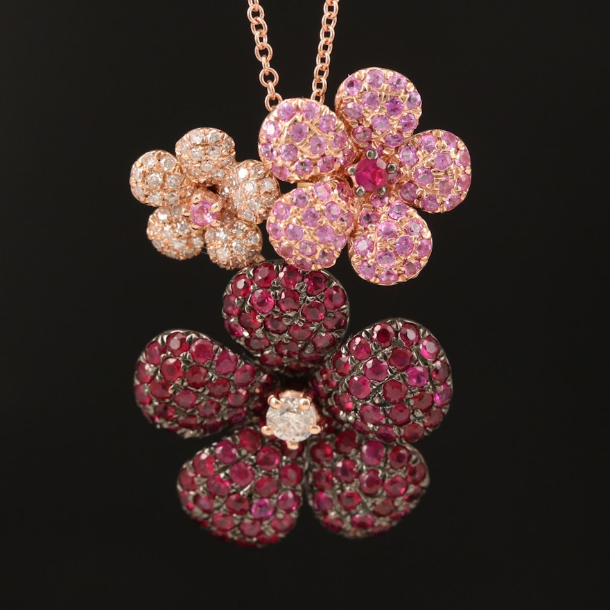 EFFY 14K Rose Gold Diamond, Sapphire and Ruby Flower Necklace