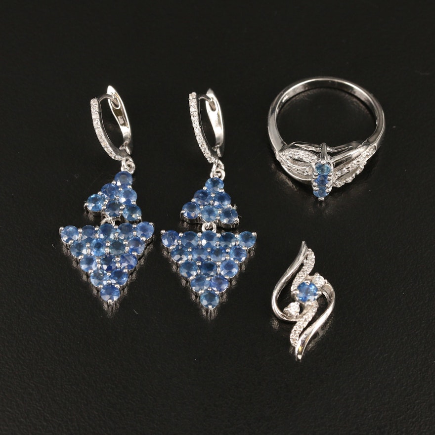 Sterling Sapphire and Zircon Drop Earrings, Ring and Pendant