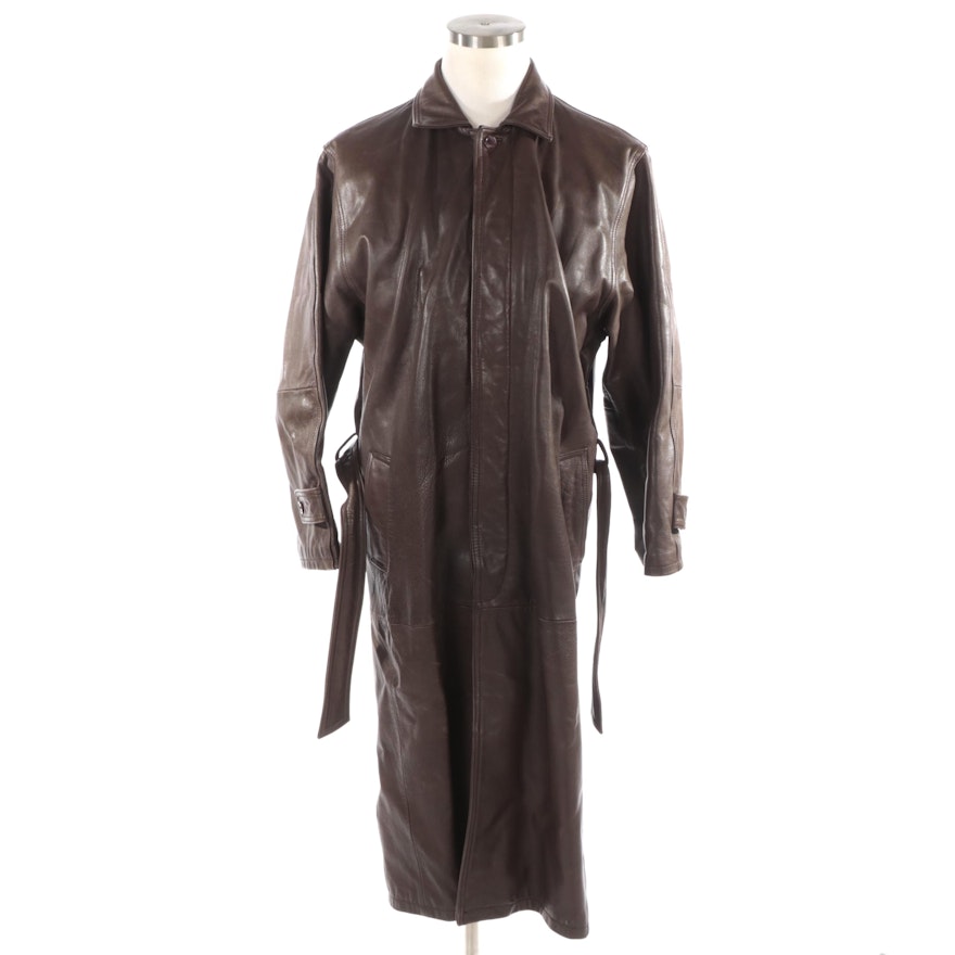 Men's Philippe Monet Brown Leather Trench Coat with Tie Belt