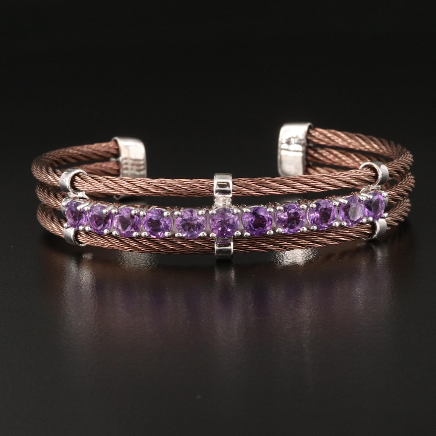 Stainless Steel Amethyst Triple Row Cable Cuff with Sterling Accents