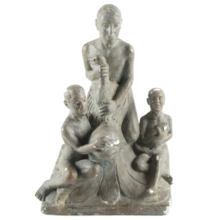 Figural Ceramic Sculpture of Boys, Goose, and Fish