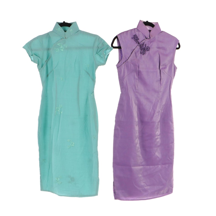 Cheongsam Style Lavender/Metallic and Embroidered Aqua Blue Silk Sheath Dresses