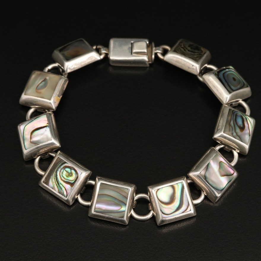 Mexican Sterling Silver Abalone Link Bracelet