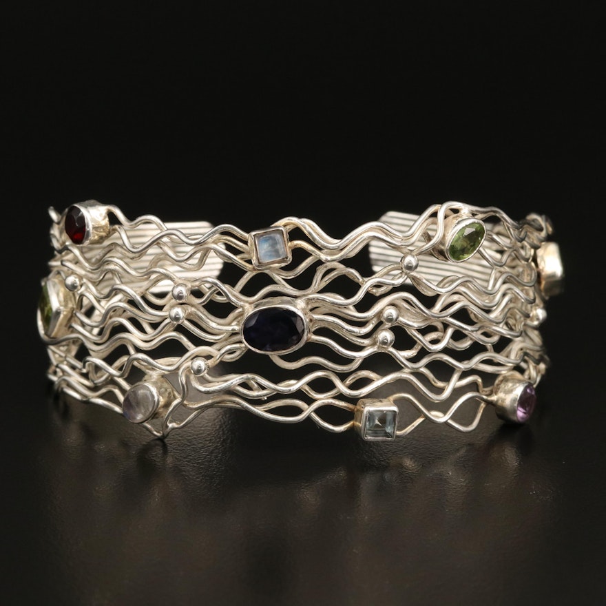 Sterling Garnet, Moonstone and Peridot Openwork Cuff