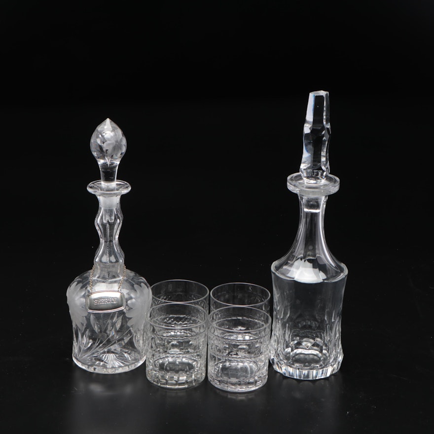 Etched Glass and Crystal Decanters with Other Rocks Glasses, 20th Century