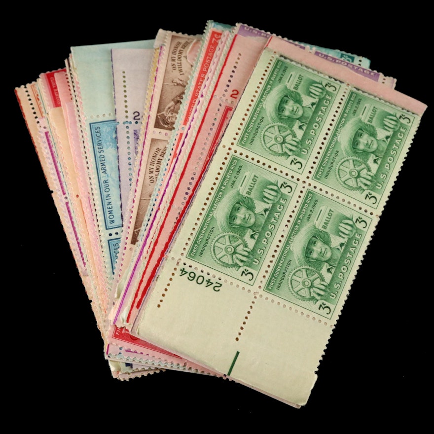 Fifty Mint Plate Block Stamps, 1950s–1970s