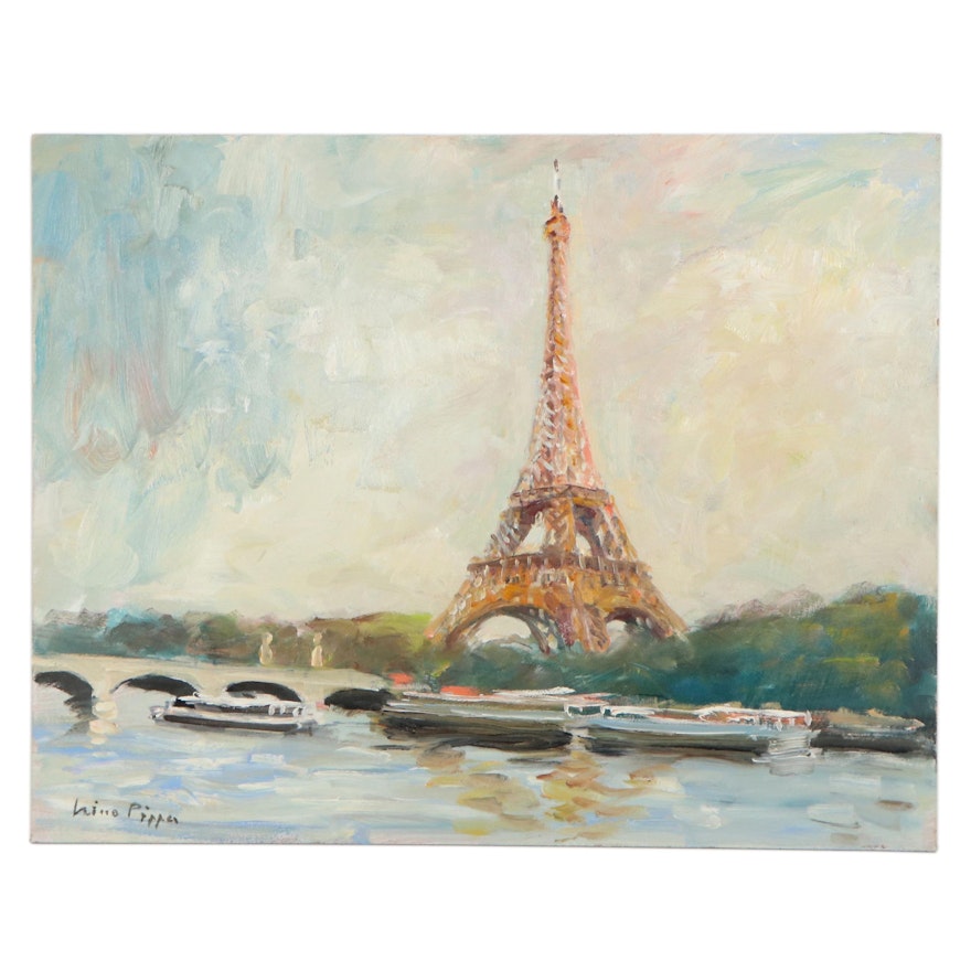 Nino Pippa Oil Painting "Paris - The Eiffel Tower from the River Droite," 2018