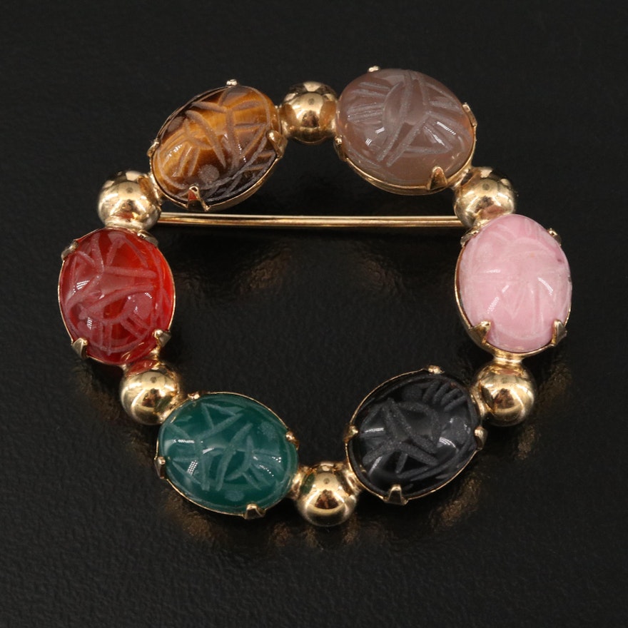 Scarab Circle Brooch Including Tiger's Eye and Gemstone