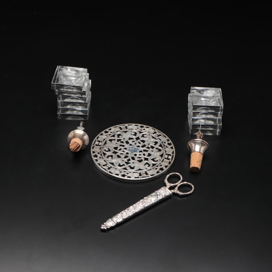 Silver Plate Dresser Tray, Scissors with Silver Figural Corks and Salt Cellars