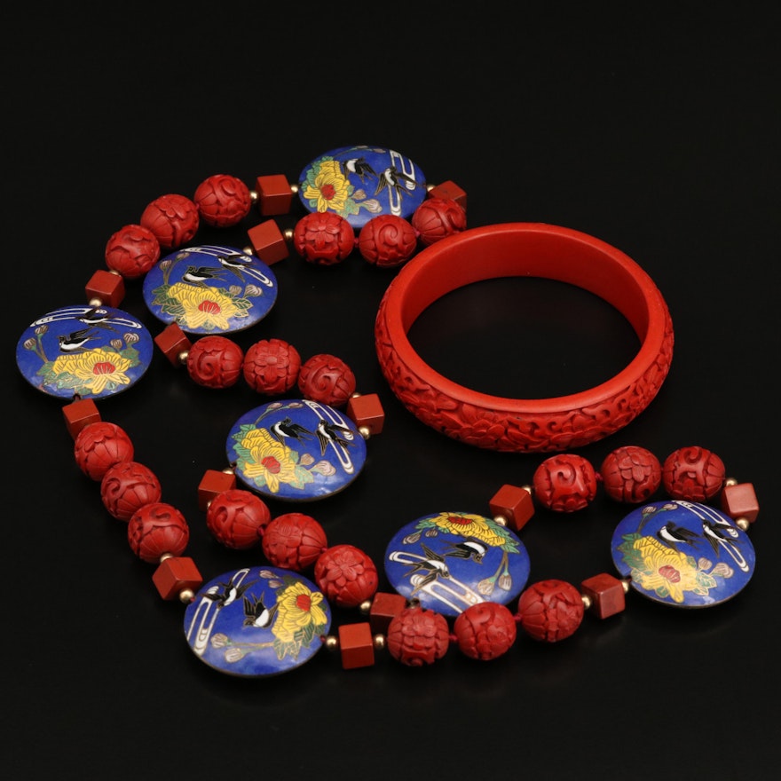 Asian Style Cloisonné and Faux Carved Cinnabar Bead Necklace and Bangle