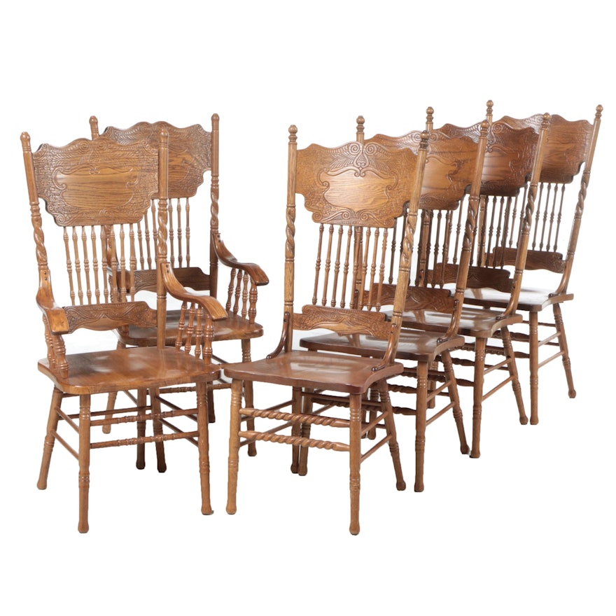 Six United Dynasty Corp. Victorian Style Oak Pressed-Back Dining Chairs