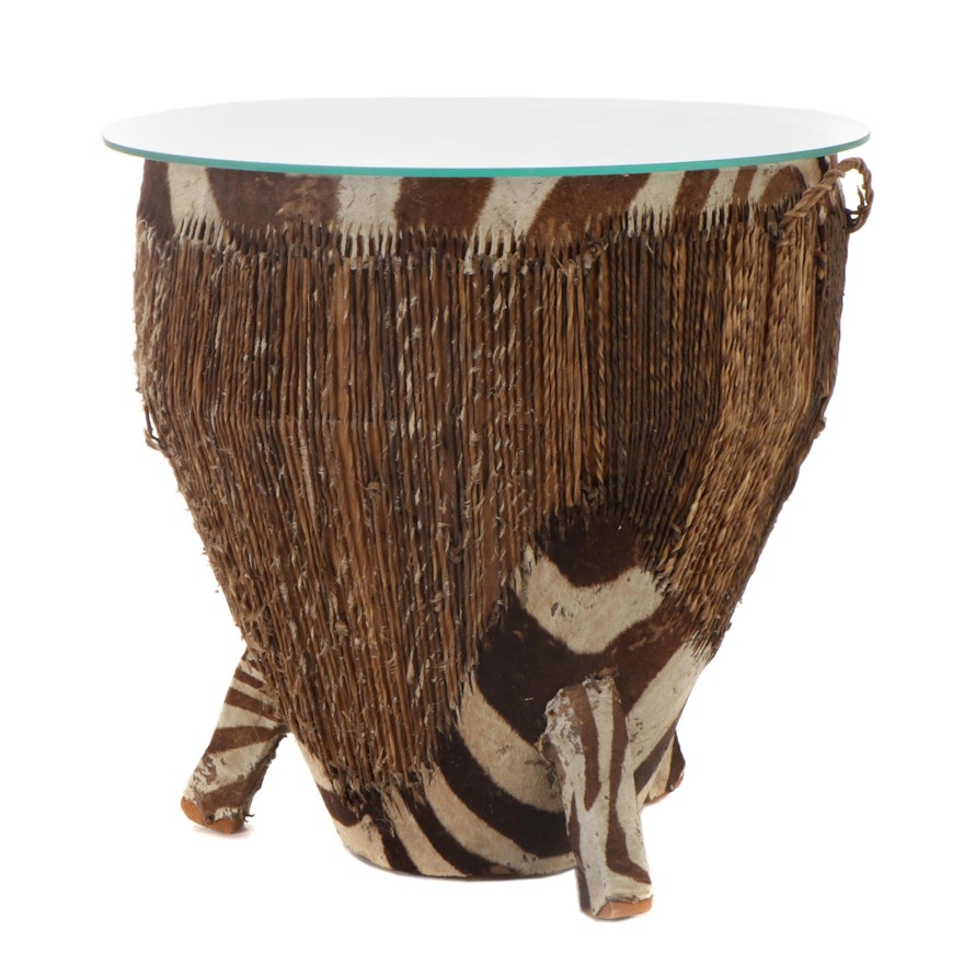 African Zebra Hide Drum Side Table with Glass Top, 1930s