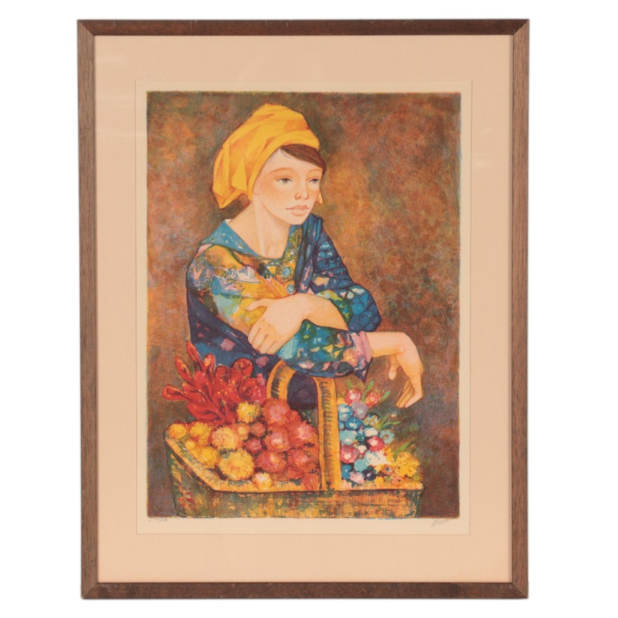 Gabriel Portoles Color Lithograph "La Cesta de Flores"