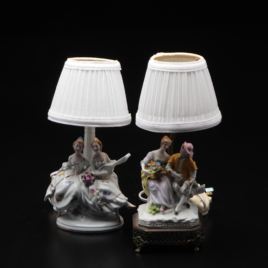 Figural Porcelain Boudoir Lamps, Mid to Late 20th Century