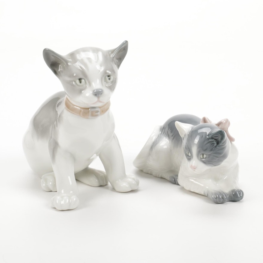 Nao by Lladró "Alert Kitten" and "Cat with Bow" Porcelain Figurines