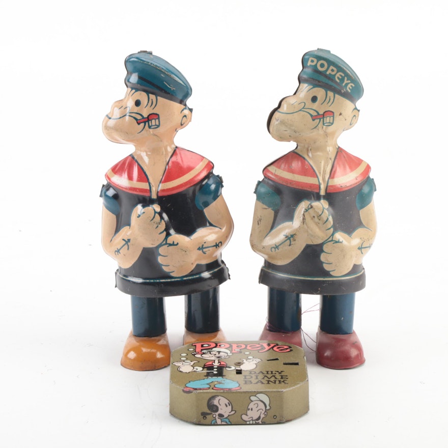 J. Chein & Co. "Popeye" Tin Lithograph Wind-Up Toys and Dime Bank, 1932 and 1956