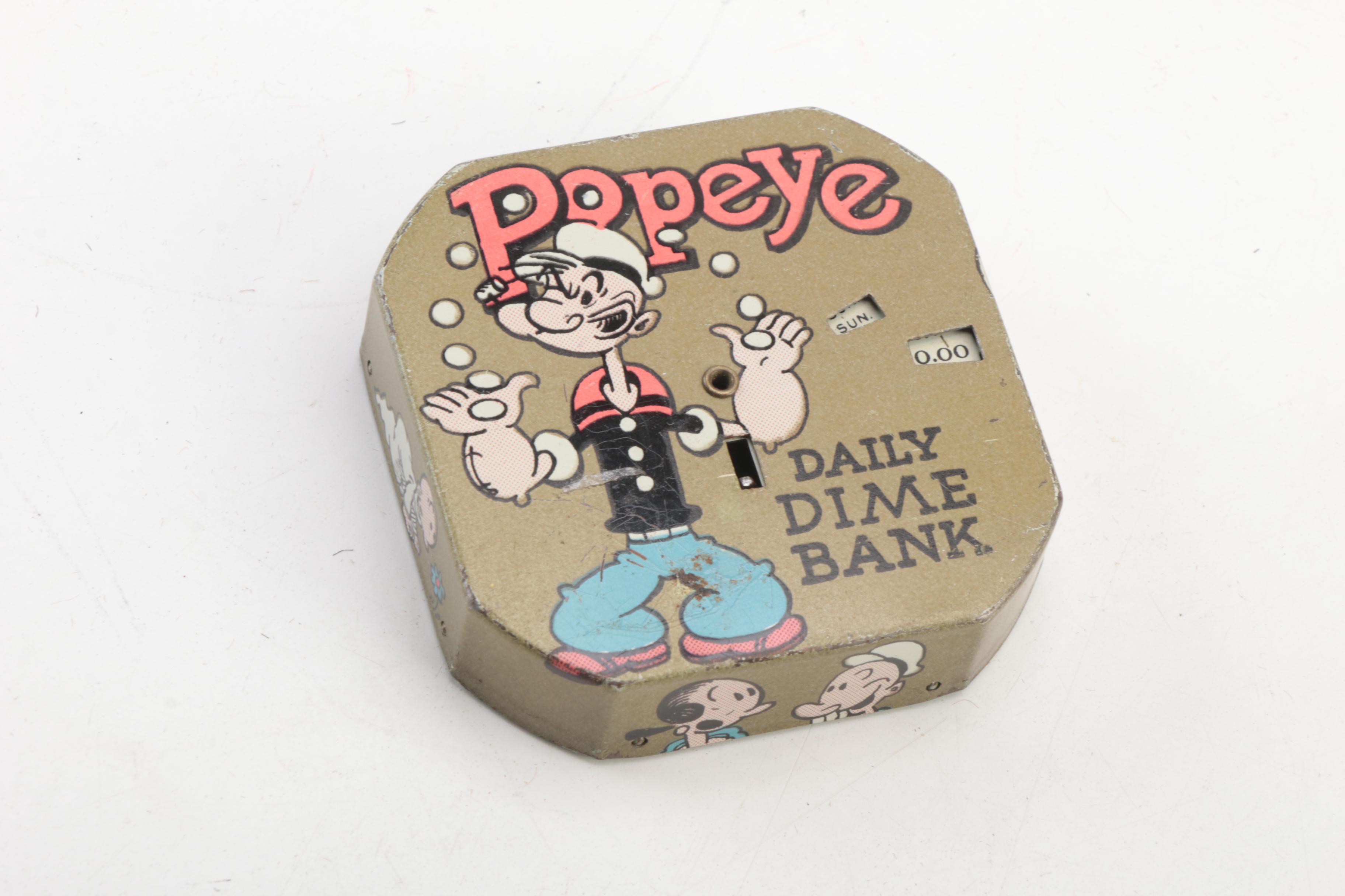 J. Chein & Co. "Popeye" Tin Lithograph Wind-Up Toys and Dime Bank, 1932 and 1956