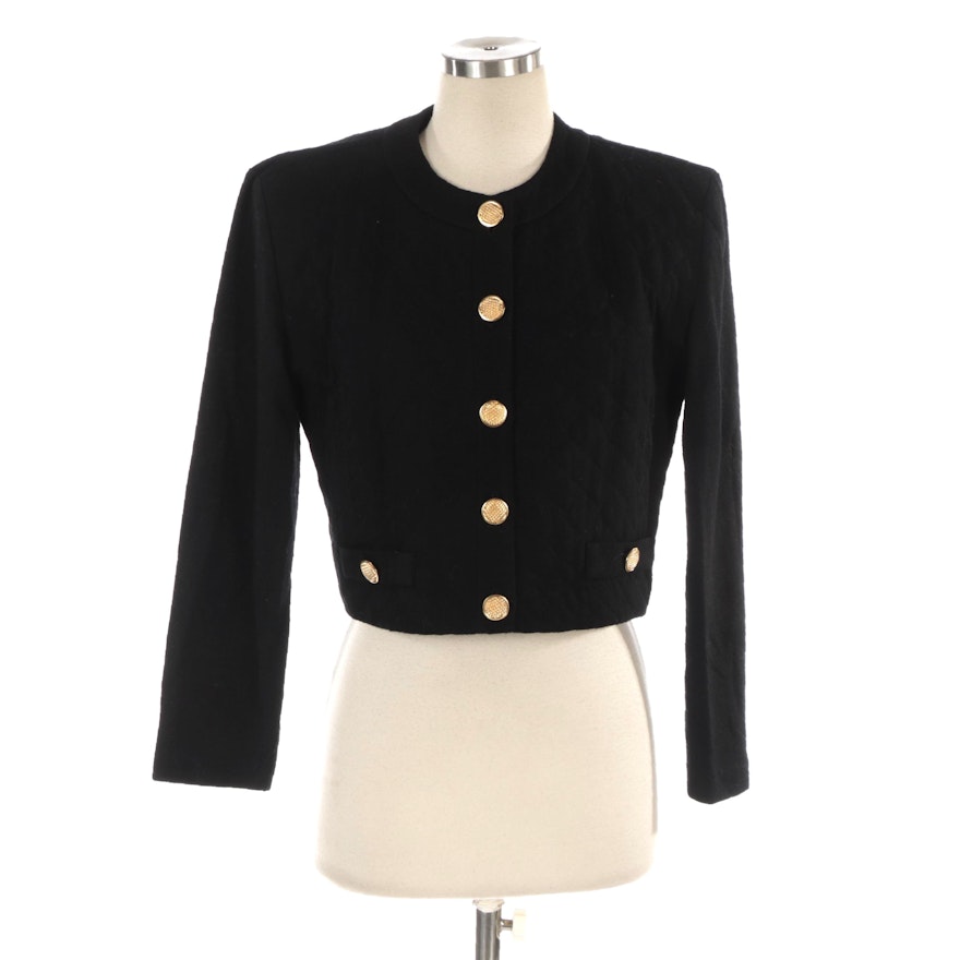 Donna Ricco Cropped Jacket in Black Wool Knit with Quilted Front Detail