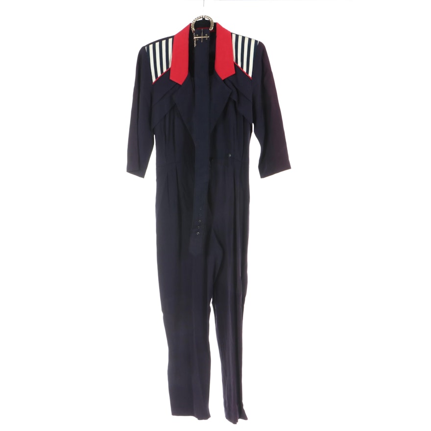J.S.J. Petites Belted Jumpsuit with Lapel Collar and Striped Fabric Detail