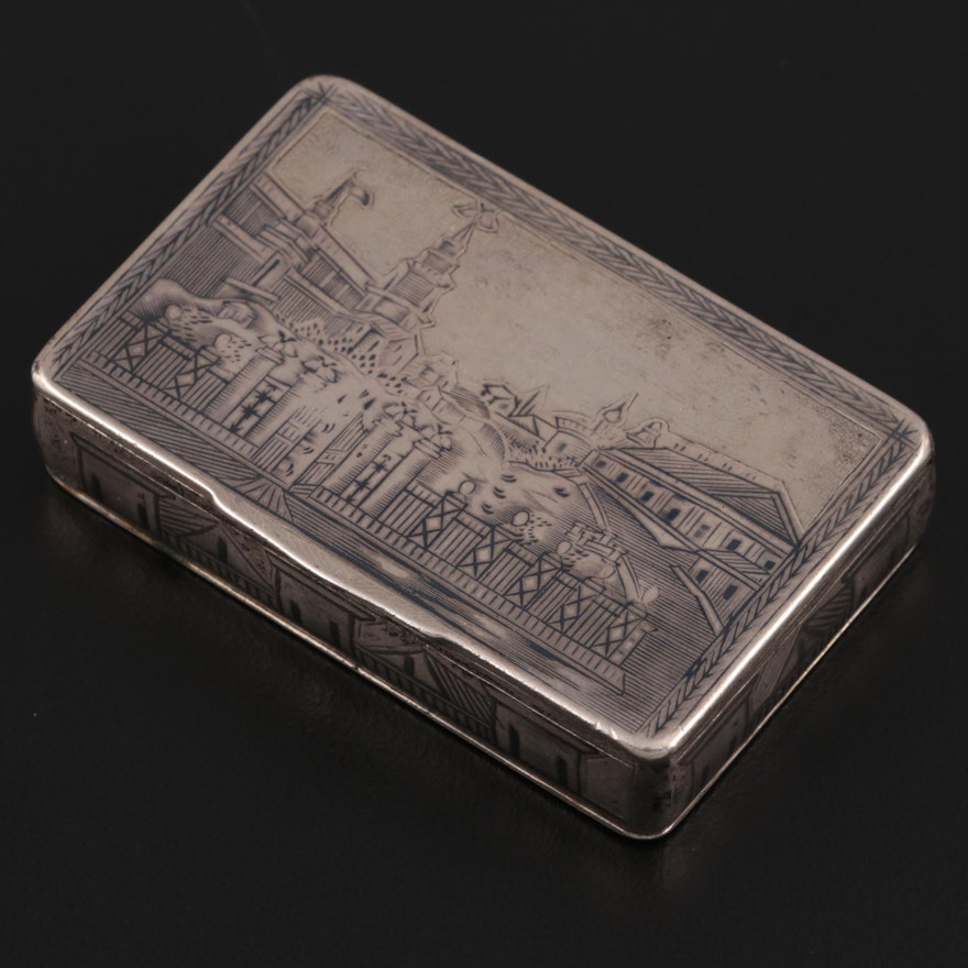 Russian 875 Silver Niello Snuff Box, Mid-19th Century